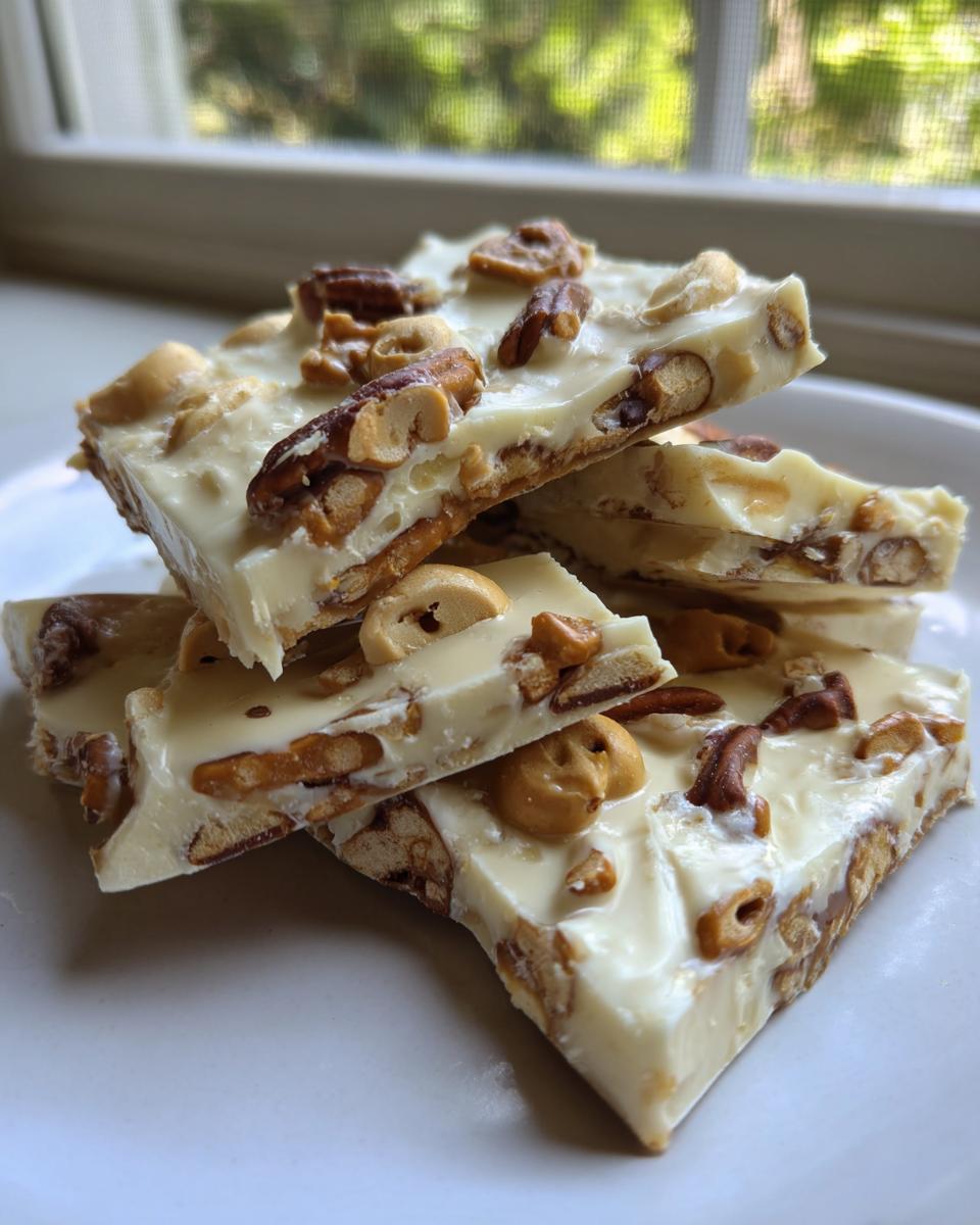 A stack of broken pieces of white chocolate peanut butter pretzel bark topped with pecans and cashews.