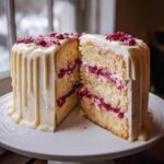 A tall white chocolate raspberry cake cut in half, showing layers of white cake, raspberry filling, and white chocolate drip icing.