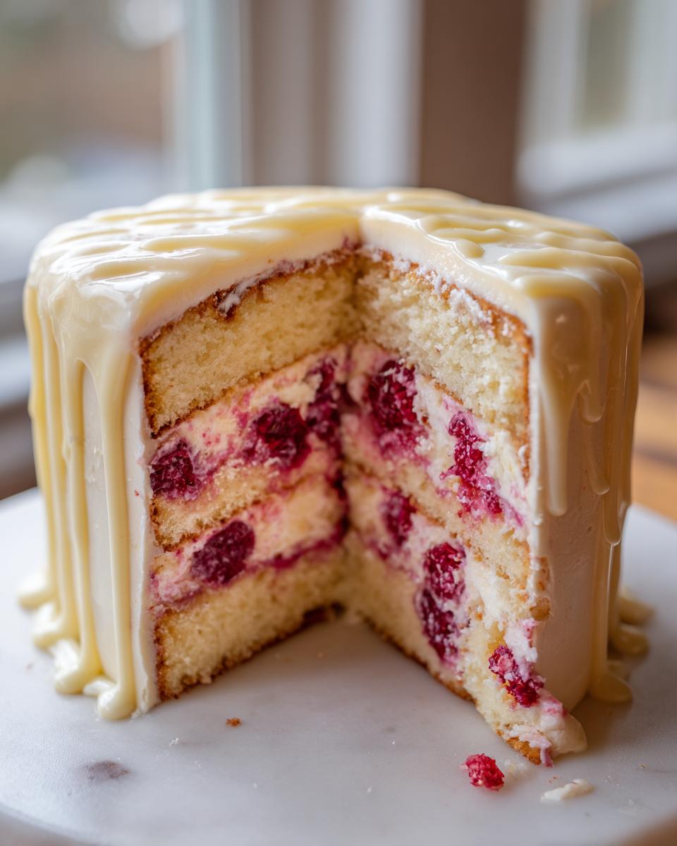 A slice cut from a layered white chocolate raspberry cake showing white cake layers, raspberry filling, and white chocolate drip icing.