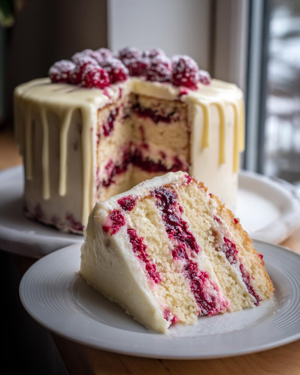 A slice of white chocolate raspberry cake with visible layers of white cake and bright red raspberry filling, served next to the main cake.