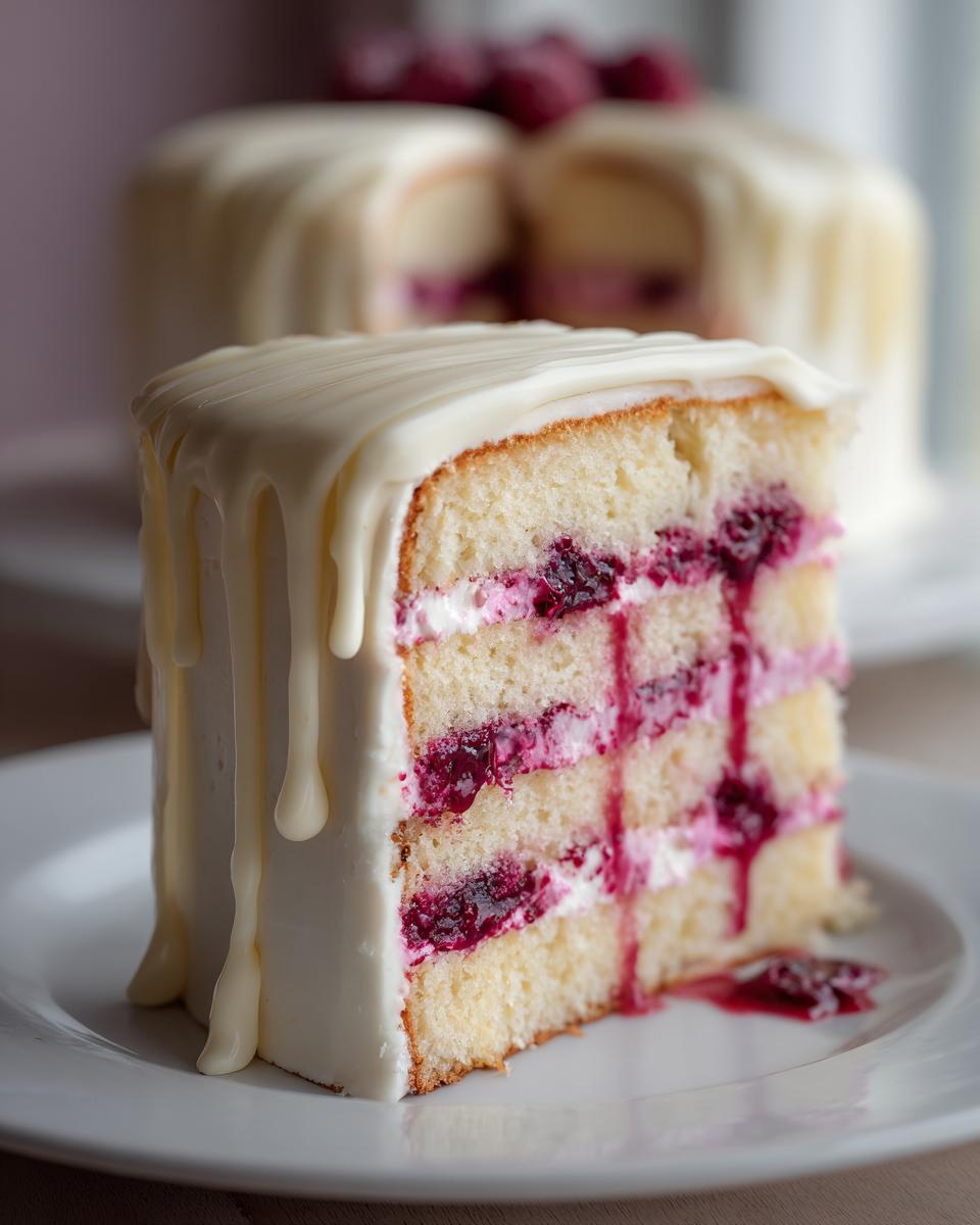 A tall slice of white chocolate raspberry cake featuring layers of vanilla sponge, cream, and raspberry filling, topped with white chocolate drip.