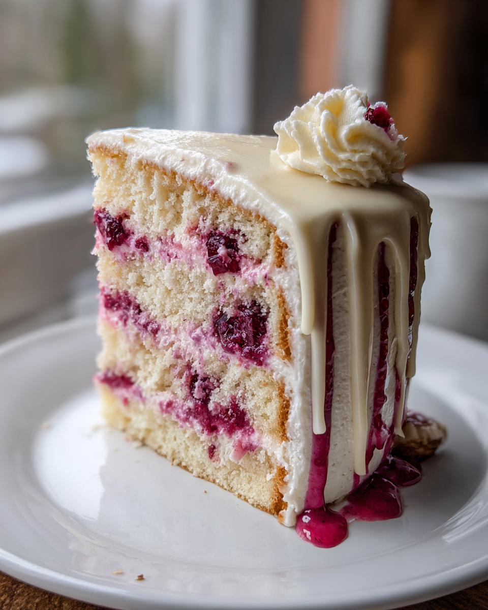 A decadent slice of white chocolate raspberry cake featuring layers of white cake, raspberry filling, and a white chocolate drip glaze.
