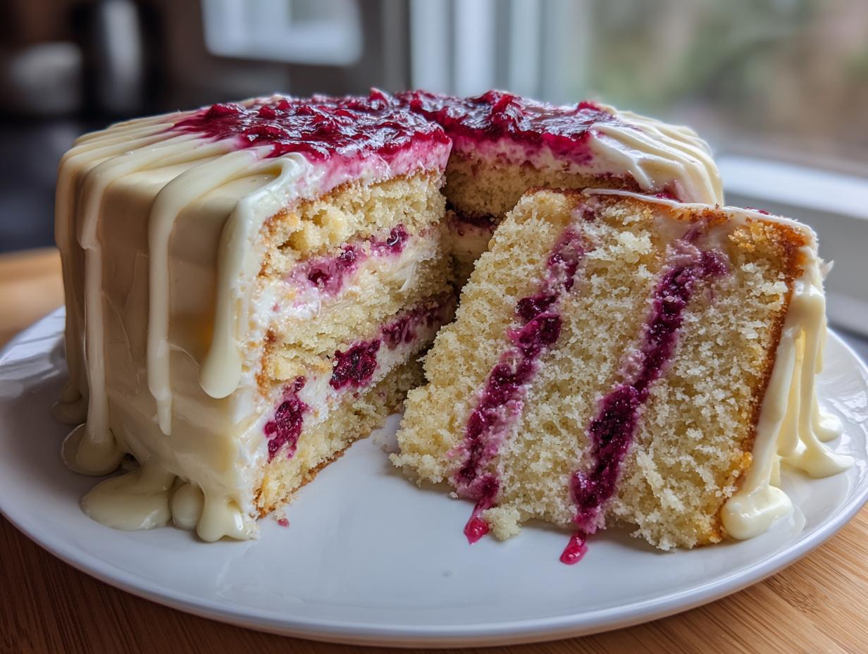 A slice cut from a stunning white chocolate raspberry cake showing layers of sponge, cream, and bright raspberry filling.