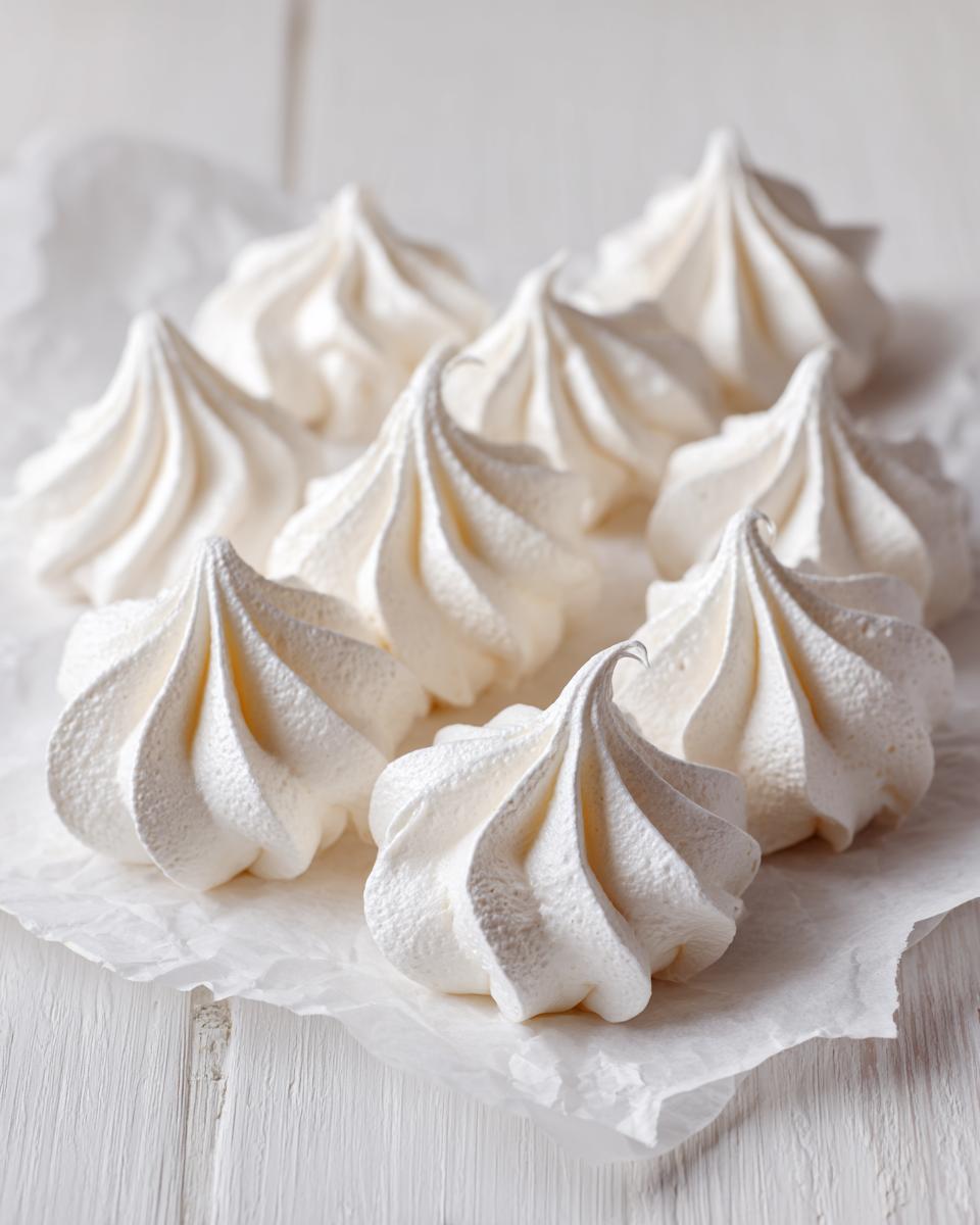 A close-up of several perfectly piped, white meringue cookies resting on crumpled parchment paper.