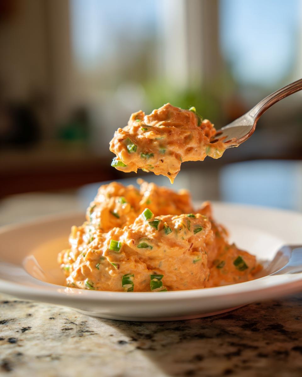 A fork lifts a scoop of thick, orange remoulade sauce speckled with green chives above a small bowl of the sauce.