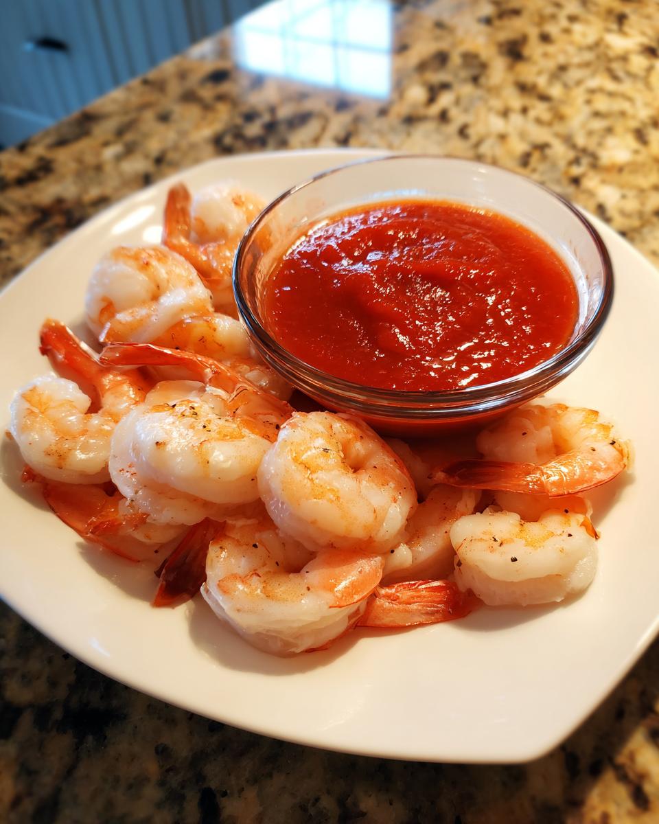 A white plate piled high with cooked, peeled shrimp surrounding a small glass bowl of bright red sauce for shrimp cocktail.