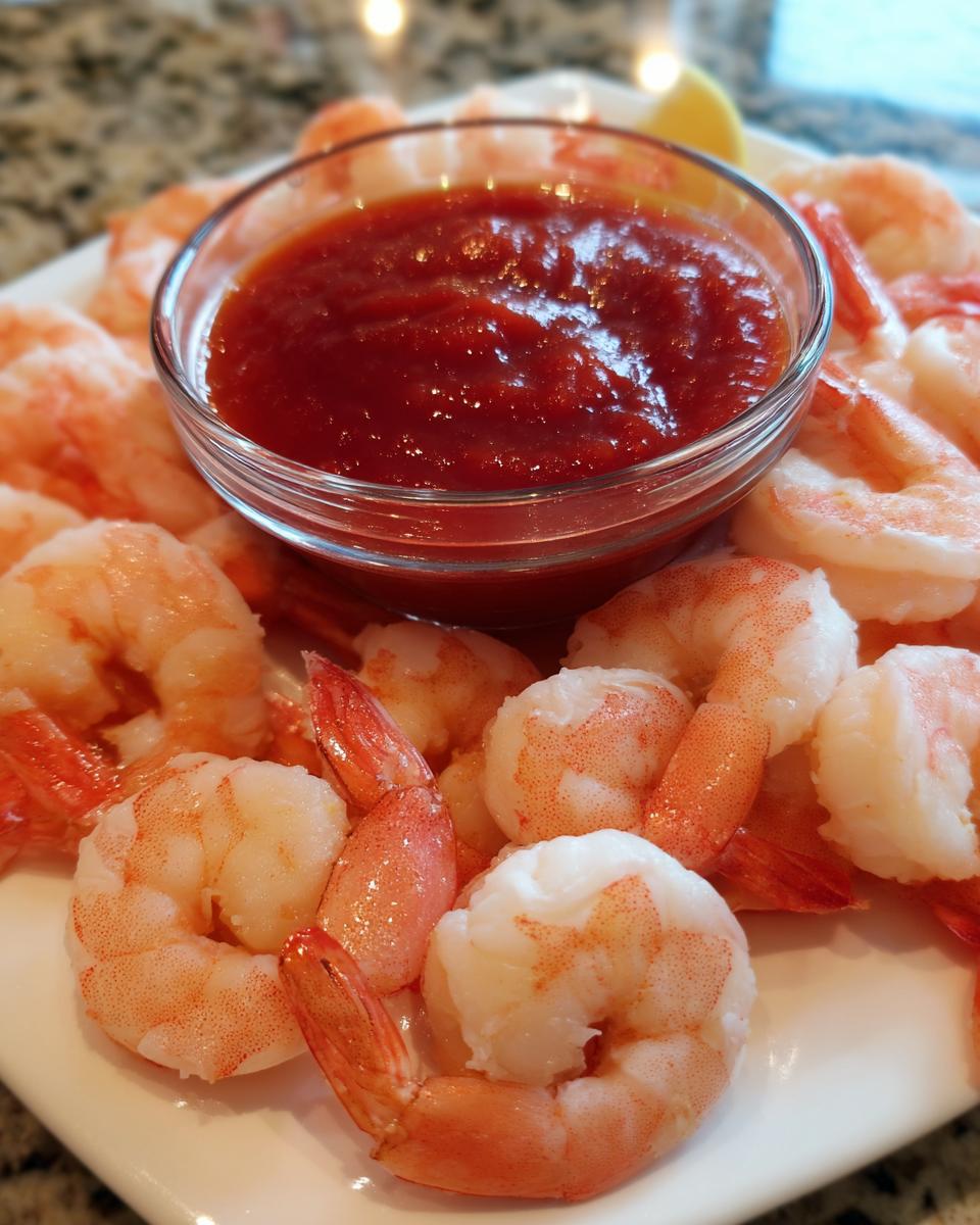 A close-up of a white platter filled with cooked, peeled shrimp surrounding a small glass bowl of red cocktail sauce for shrimp cocktail.