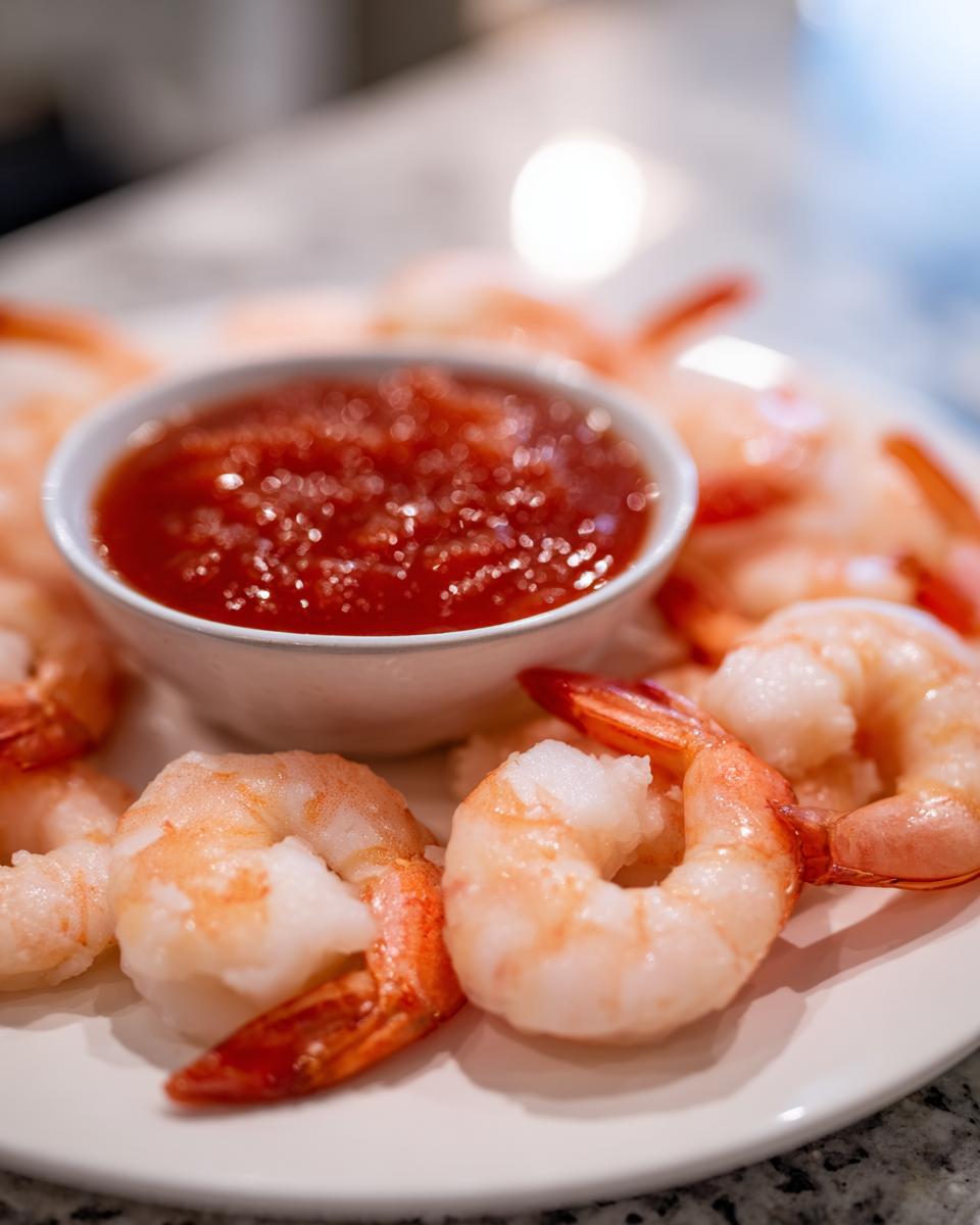 Close-up of cooked, chilled shrimp arranged around a small bowl of cocktail sauce for a perfect shrimp cocktail.