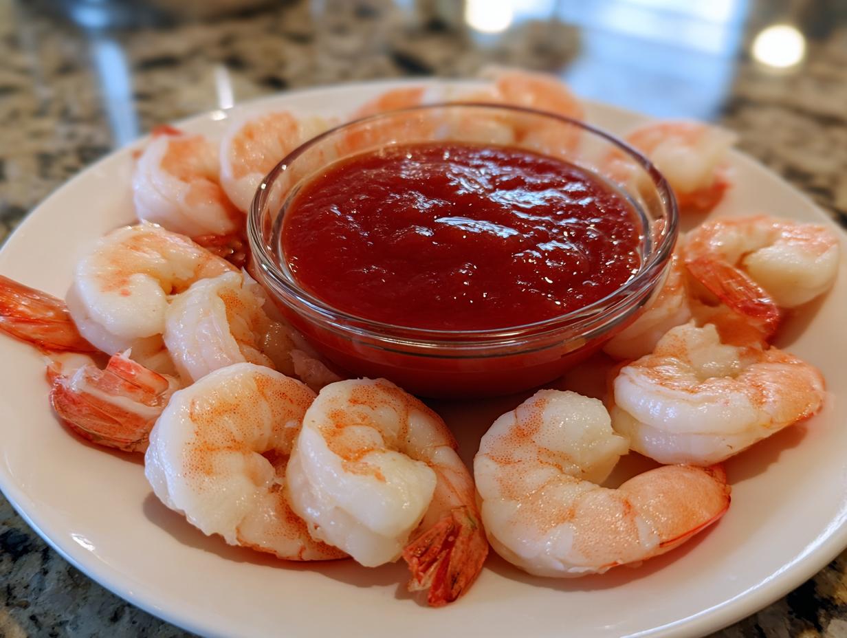A white plate featuring chilled, cooked shrimp arranged around a small glass bowl of bright red shrimp cocktail sauce.