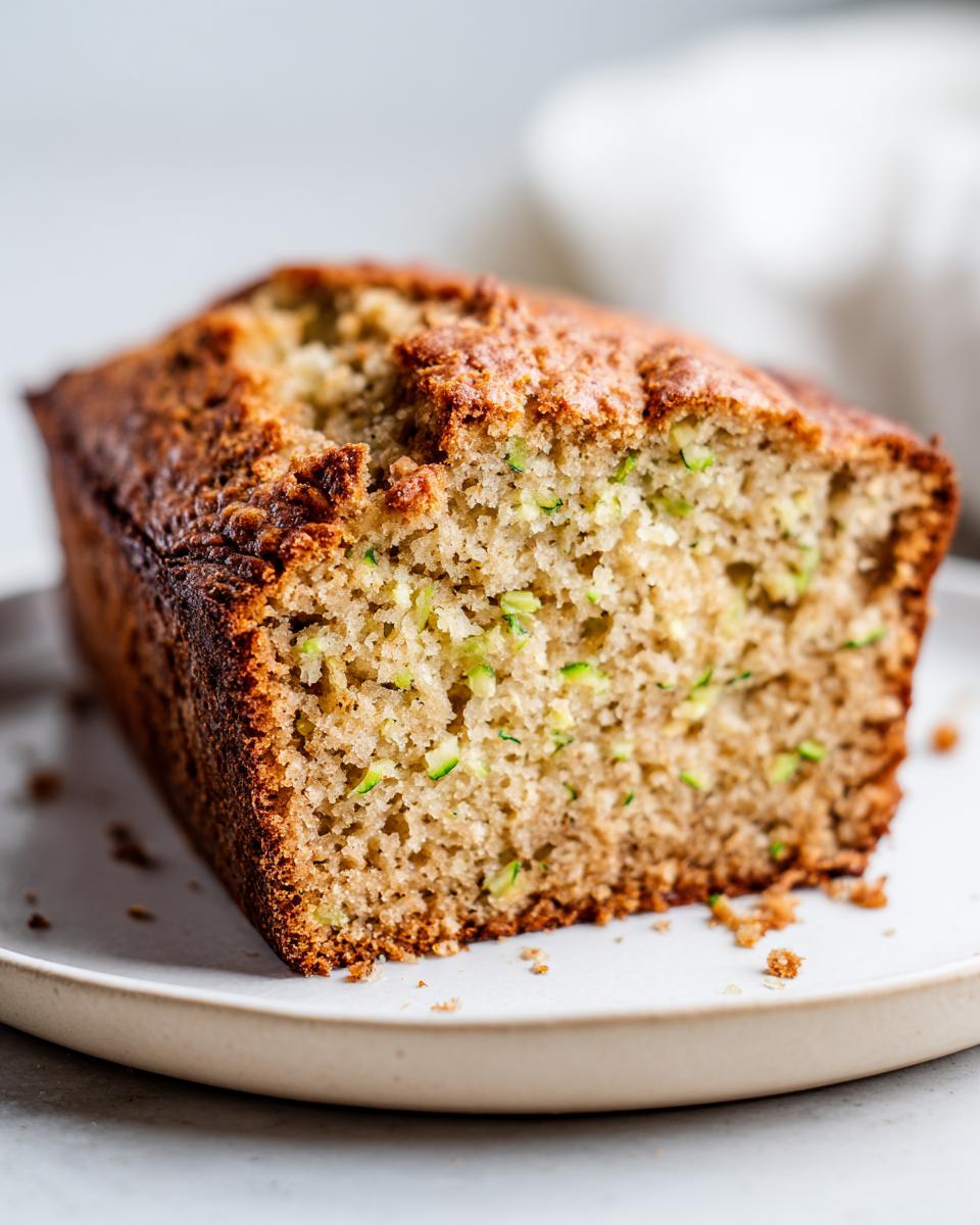 Close-up of a freshly baked zucchini banana bread loaf showing its moist crumb and visible green shreds of zucchini.