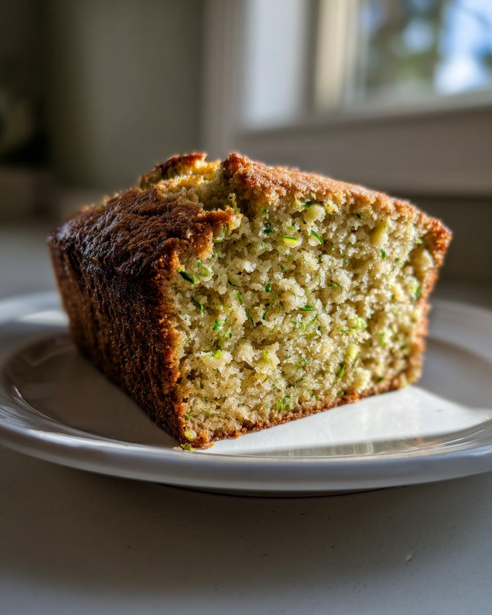 Close-up of a moist slice of zucchini banana bread showing flecks of green zucchini throughout the crumb.