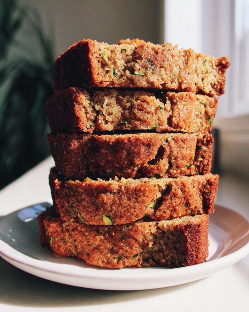 Five thick slices of moist zucchini banana bread stacked vertically on a white plate.