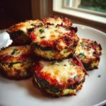 A close-up of several baked zucchini pizza bites stacked on a white plate, topped with melted cheese and sauce.