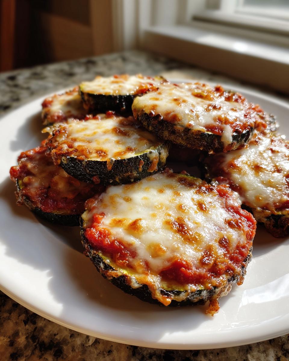 Close-up of baked zucchini pizza bites topped with marinara sauce and melted, bubbly mozzarella cheese.