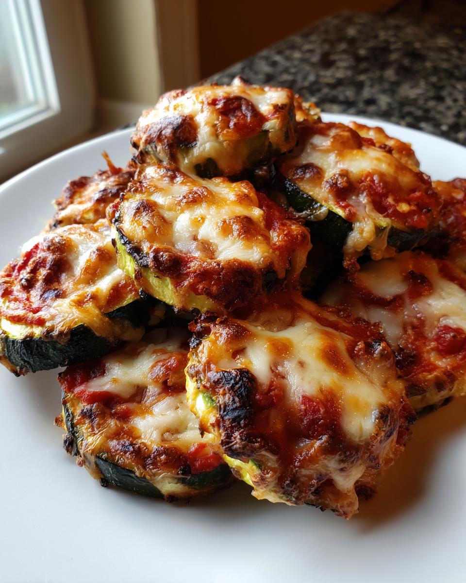 A close-up of several baked zucchini pizza bites stacked on a white plate, topped with melted, browned mozzarella cheese and sauce.