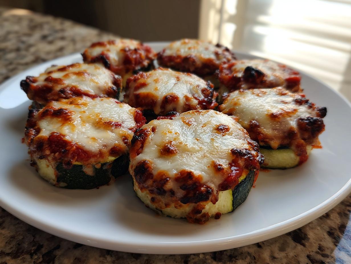 A white plate holding several baked zucchini pizza bites topped with melted, slightly browned mozzarella cheese and tomato sauce.