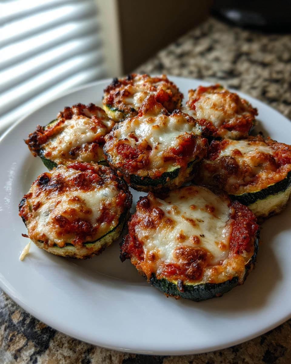 A white plate holds several baked zucchini pizza bites topped with melted, slightly browned mozzarella cheese and tomato sauce.