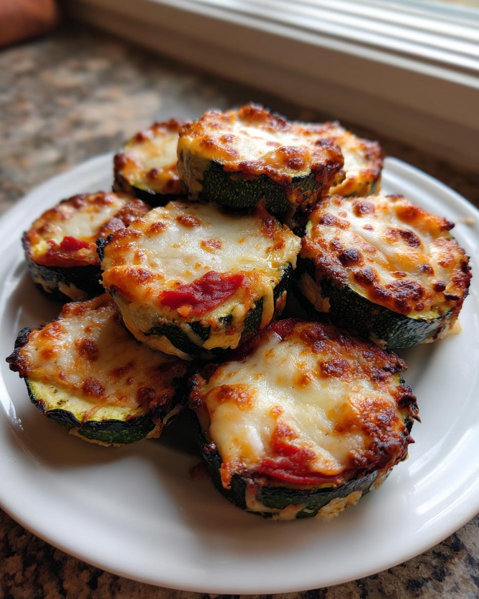 A close-up of several baked zucchini pizza bites piled on a white plate, topped with melted, slightly browned cheese.