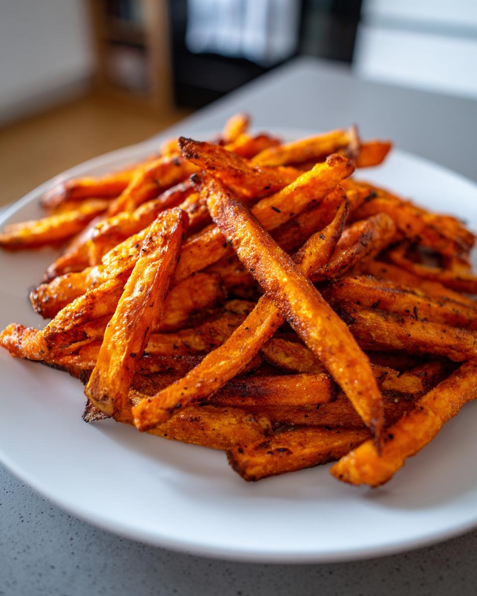 A close-up of a generous pile of crispy, seasoned air fry sweet potato fries served on a white plate.