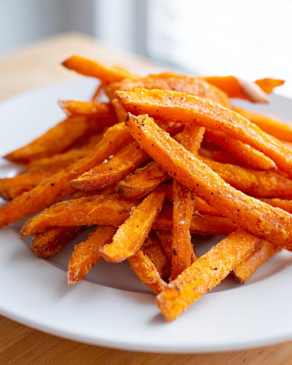 A close-up of a pile of seasoned, crispy air fry sweet potato fries served on a white plate.