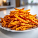 A close-up of a white plate piled high with crispy, seasoned air fry sweet potato fries.
