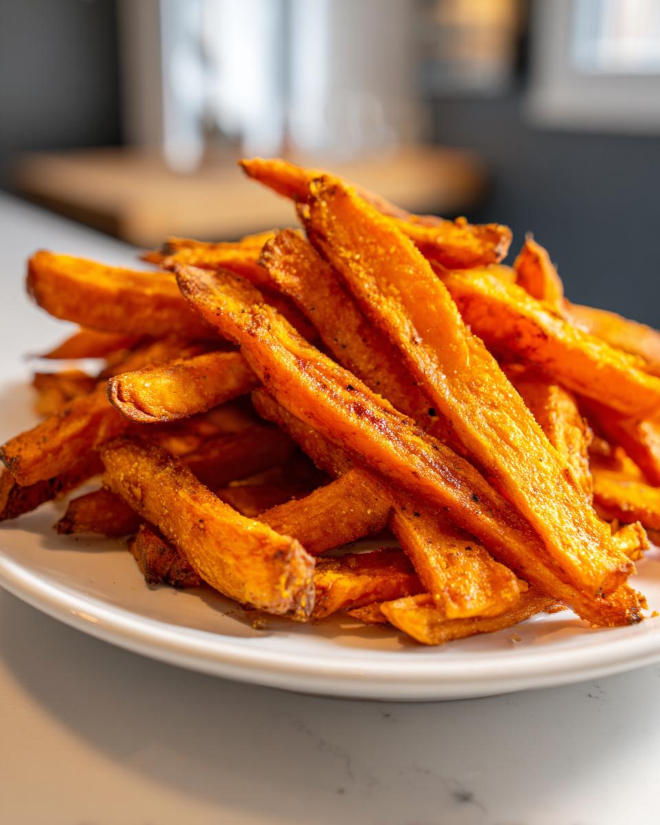 A close-up pile of crispy, seasoned air fry sweet potato fries served on a white plate.
