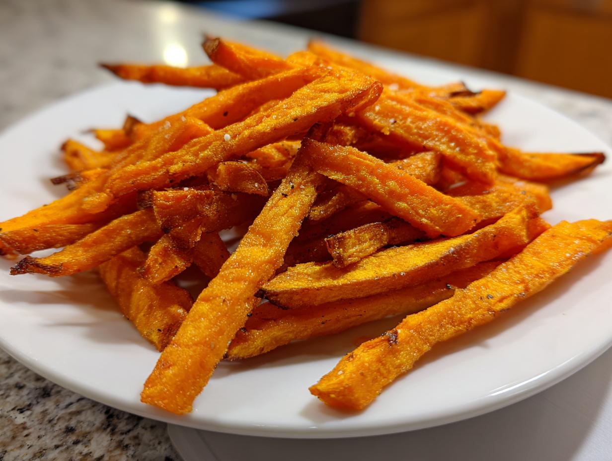 Close-up of a pile of crispy, orange air fry sweet potato fries seasoned with salt and pepper on a white plate.
