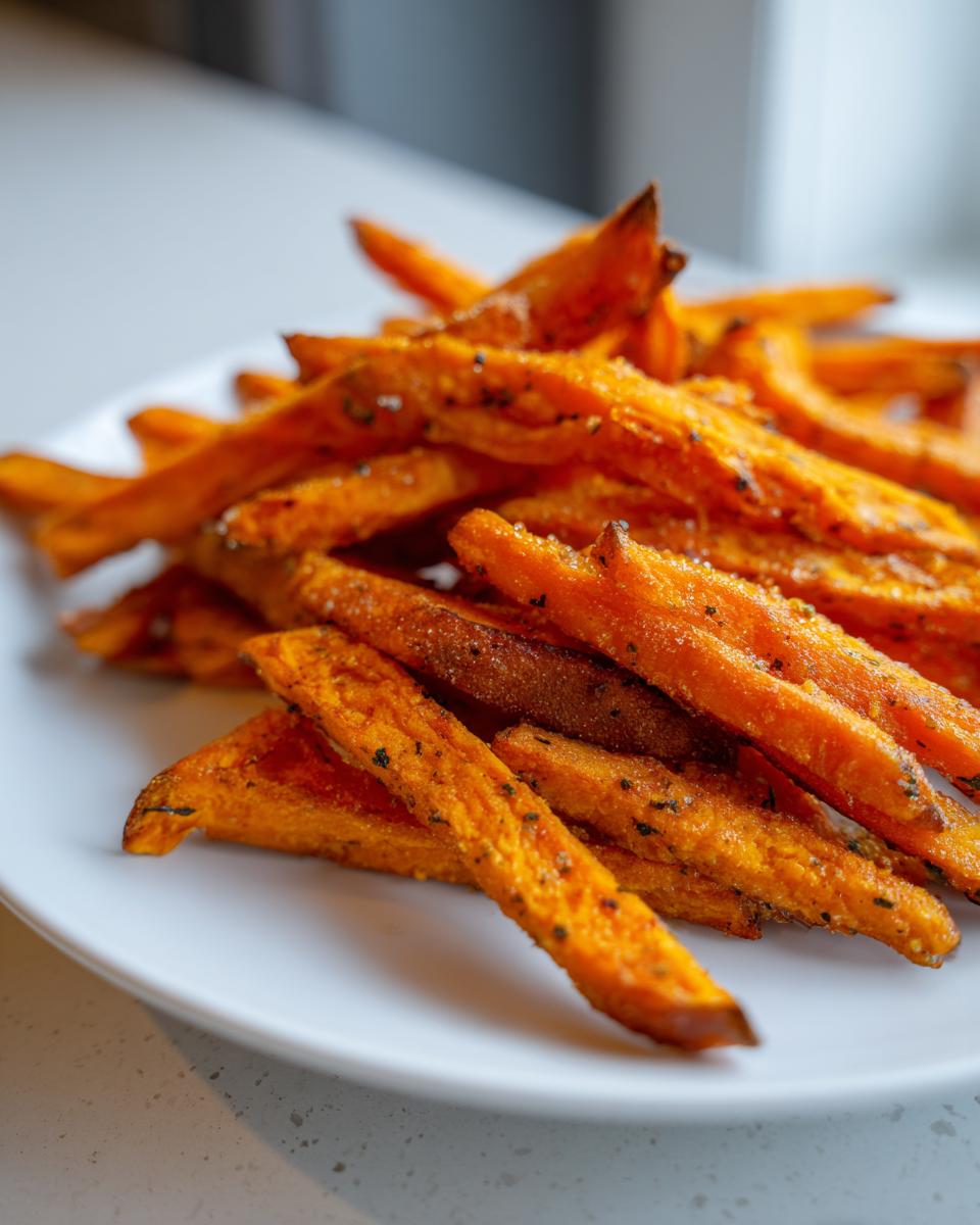 A close-up of a mound of perfectly cooked, seasoned air fry sweet potato fries piled high on a white plate.