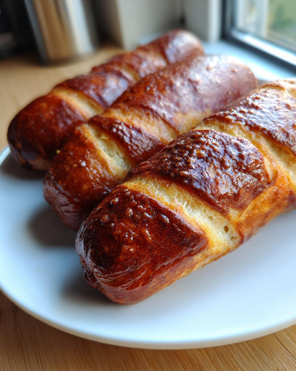 Three freshly cooked pretzel dogs with a deep, glossy brown crust resting on a white plate.