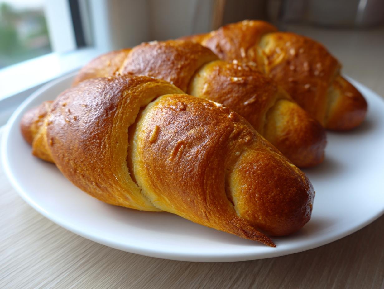 Three golden brown, shiny pretzel dogs arranged on a white plate, fresh from the air fryer.