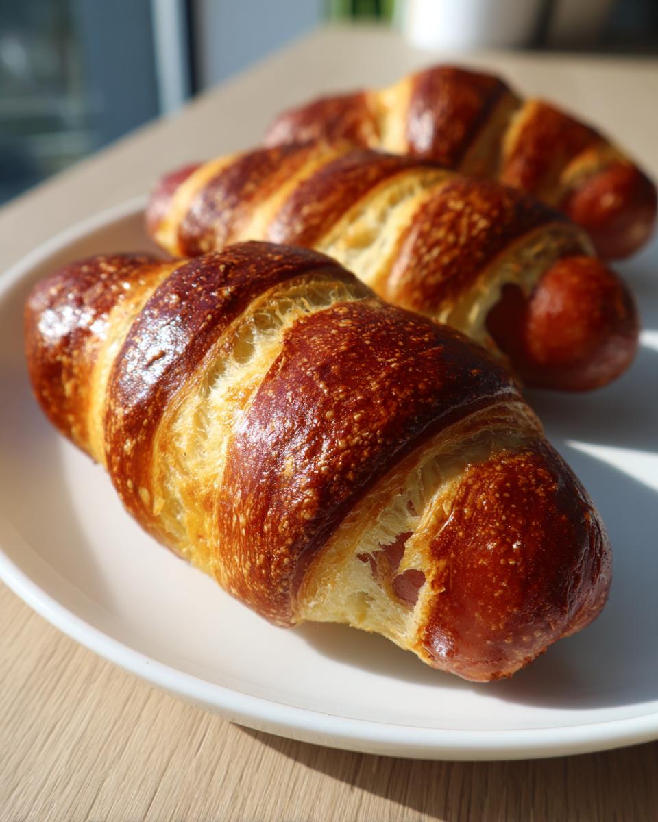 Three golden brown, flaky pretzel dogs arranged on a white plate, showing the sausage peeking out.
