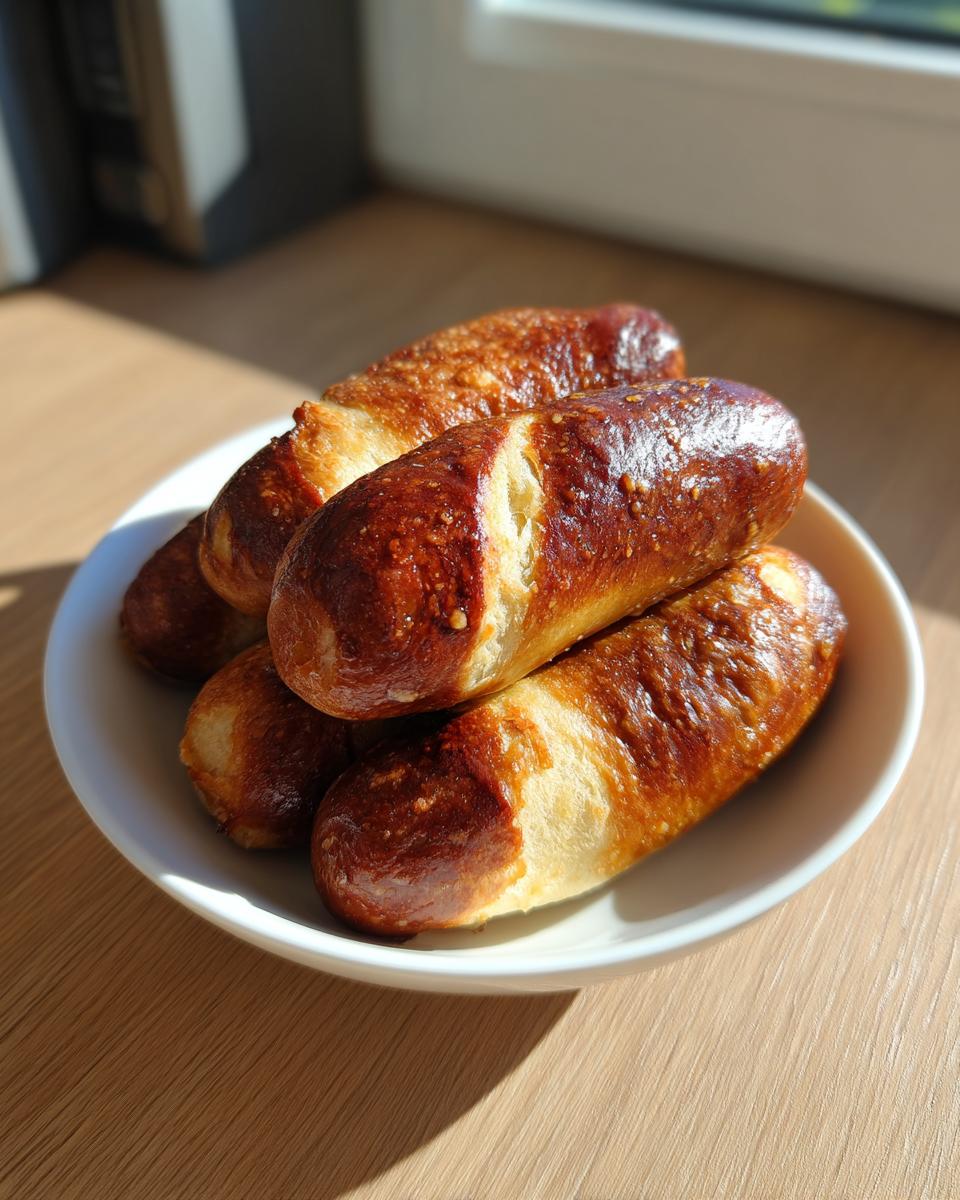 A stack of four freshly cooked pretzel dogs with a deep brown, shiny crust served on a small white plate.