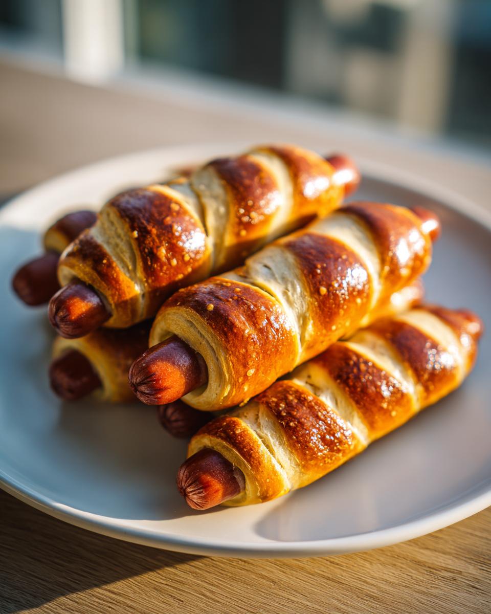 A stack of freshly cooked pretzel dogs with shiny, dark brown, salted crusts resting on a light gray plate.