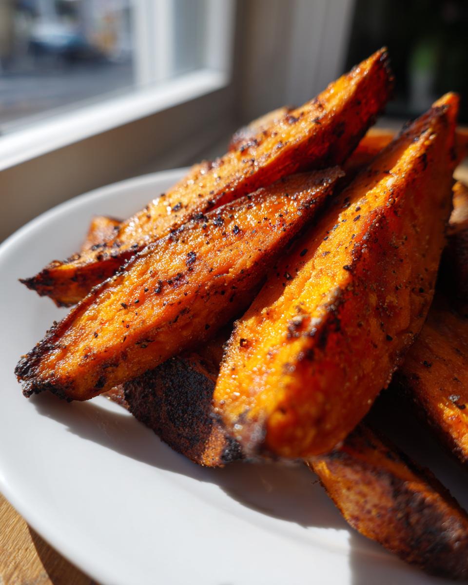 Close-up of crispy, seasoned air fryer sweet potato wedges piled on a white plate near a window.