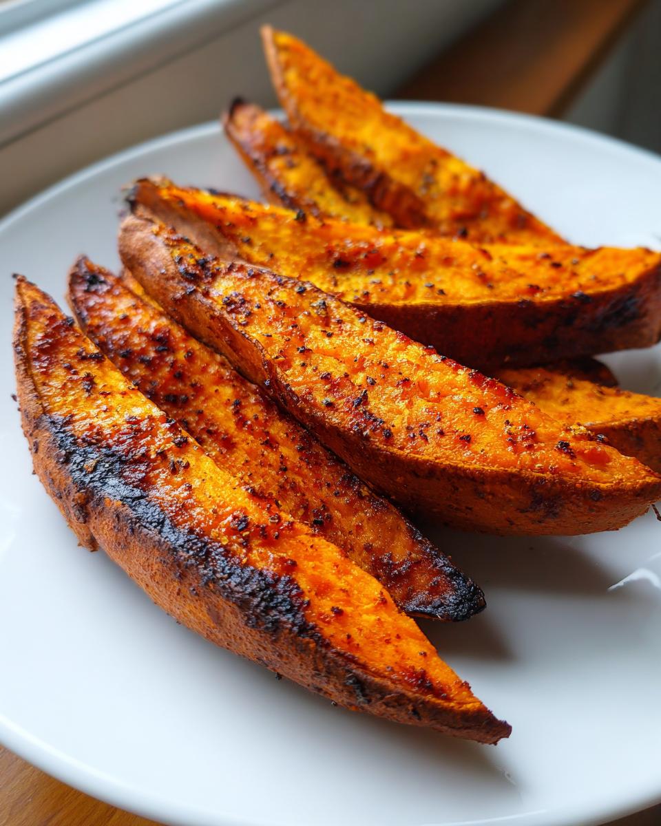Close-up of five seasoned and perfectly cooked air fryer sweet potato wedges on a white plate.