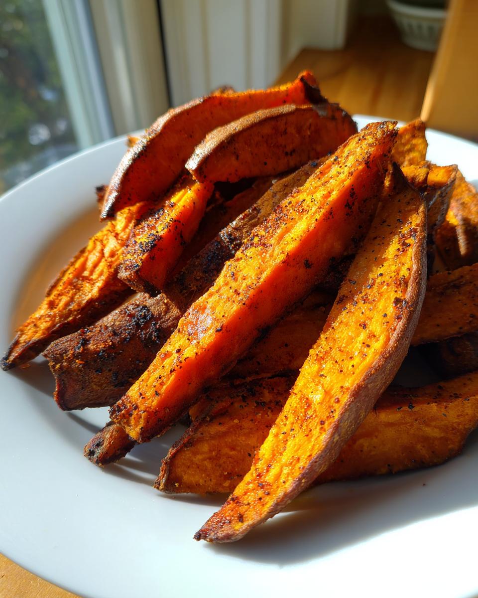 A close-up of crispy, seasoned air fryer sweet potato wedges piled high on a white plate.