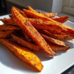 A close-up of crispy, seasoned air fryer sweet potato wedges piled high on a white plate.