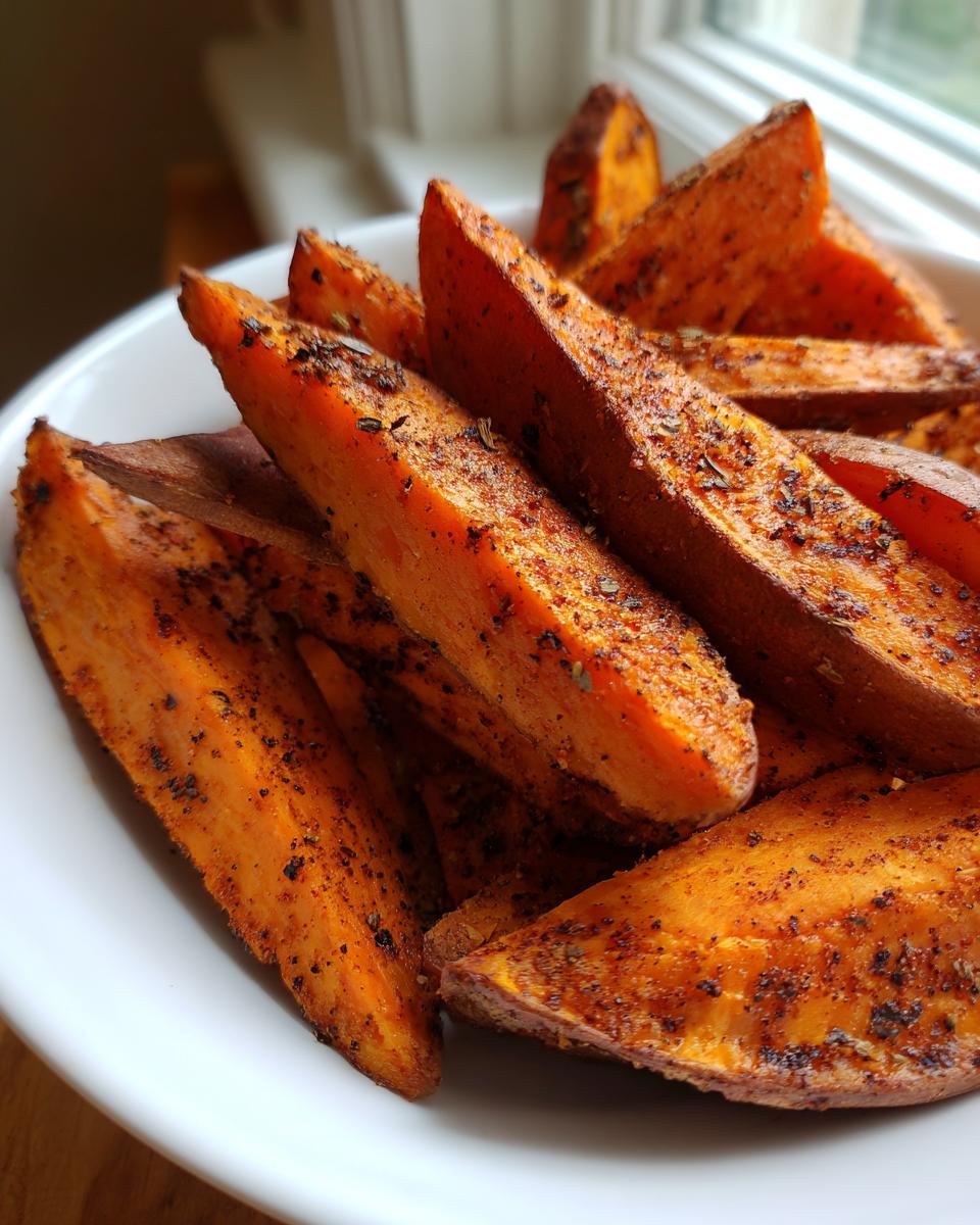 Close-up of seasoned, bright orange air fryer sweet potato wedges piled in a white bowl.