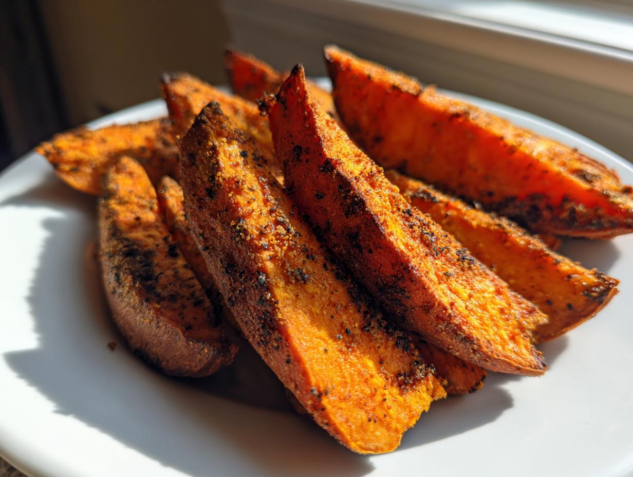 Close-up of crispy, seasoned air fryer sweet potato wedges piled on a white plate, highlighted by sunlight.