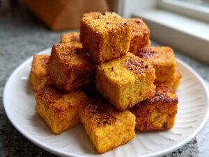 A stack of golden brown, crispy air fryer tofu cubes coated in seasoning on a white plate.