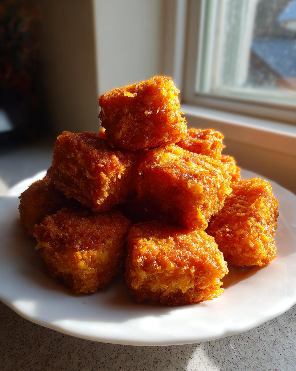 A stack of golden brown, crispy air fryer tofu cubes glistening under sunlight.