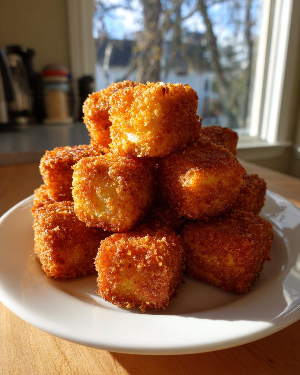 A stack of golden brown, crispy air fryer tofu cubes resting on a white plate, beautifully lit by sunlight.