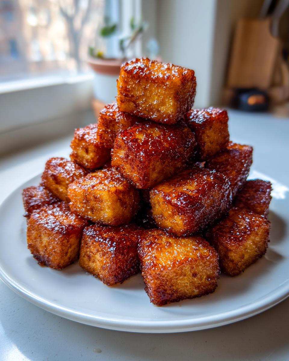 A stack of golden brown, crispy air fryer tofu cubes glistening with a light glaze on a white plate.
