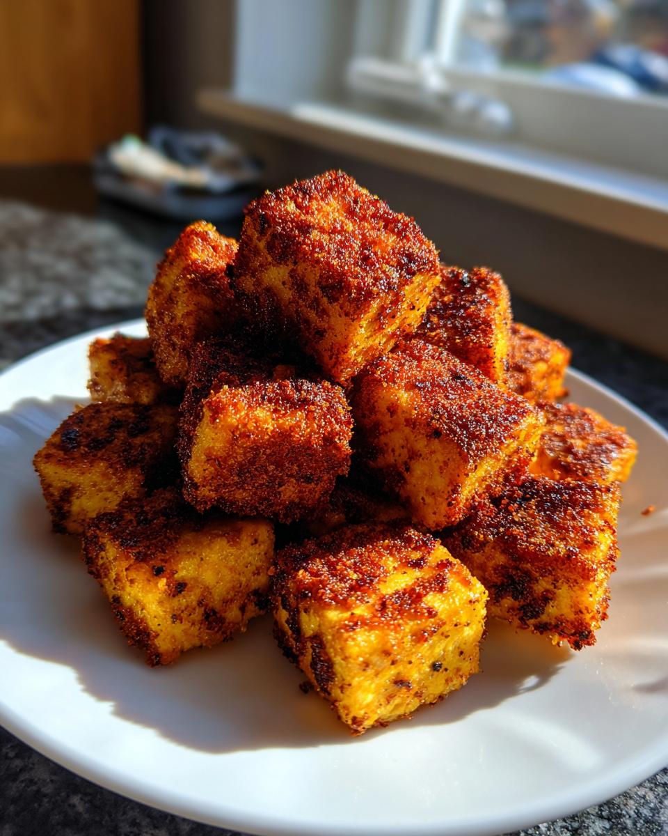 A pile of golden brown, perfectly crispy air fryer tofu cubes seasoned with spices, sitting on a white plate.