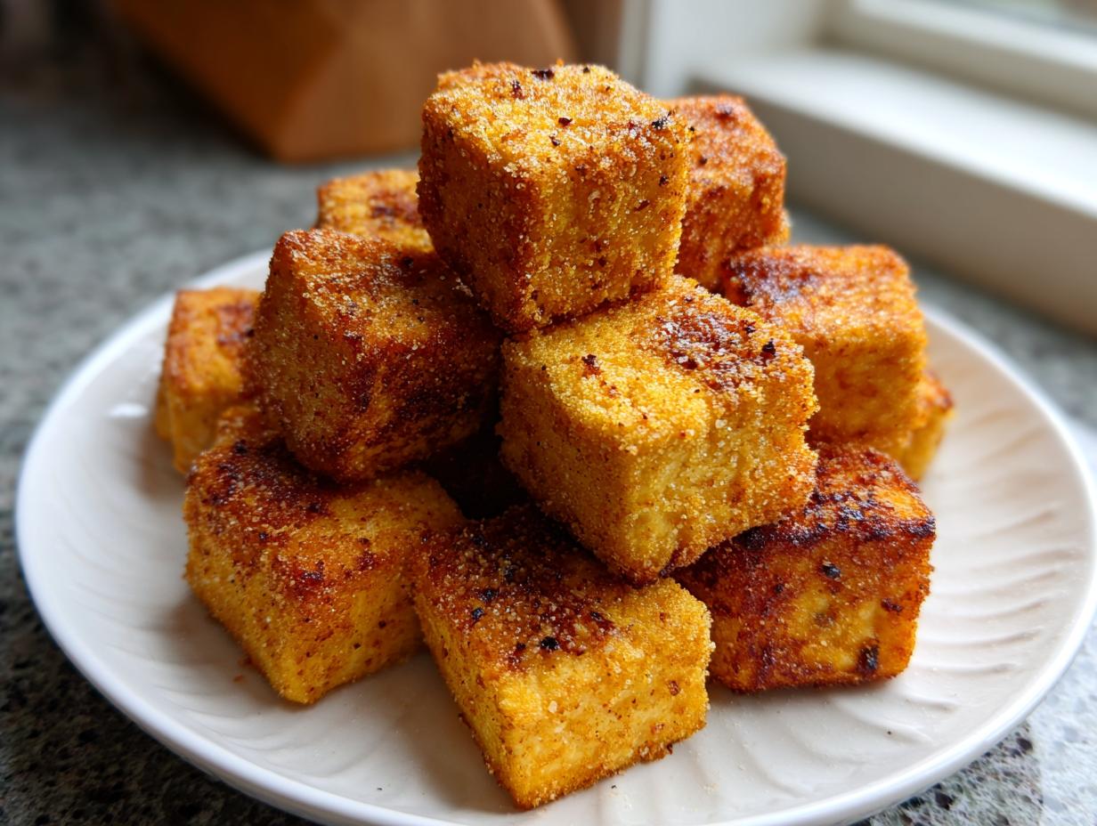 A stack of golden brown, crispy air fryer tofu cubes coated in seasoning on a white plate.
