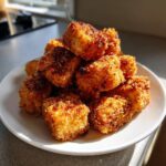 A pile of golden brown, crispy coated air fryer tofu pieces stacked on a white plate.