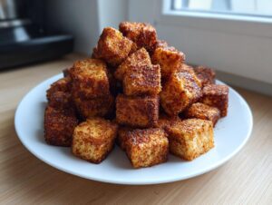 A pile of golden brown, crispy air fryer tofu cubes seasoned with spices, served on a white plate.