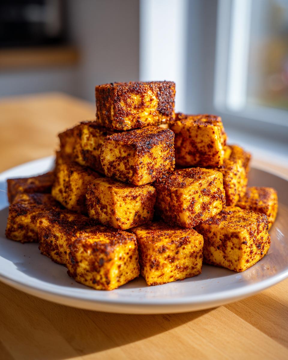 A stack of golden, crispy air fryer tofu cubes seasoned with spices, ready to eat.