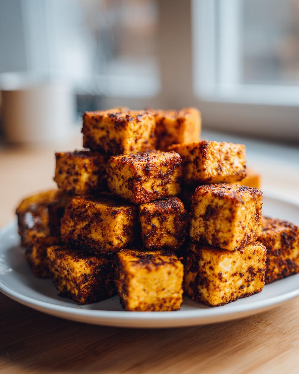 A tall stack of golden-brown, crispy air fryer tofu cubes seasoned with spices, ready to eat.