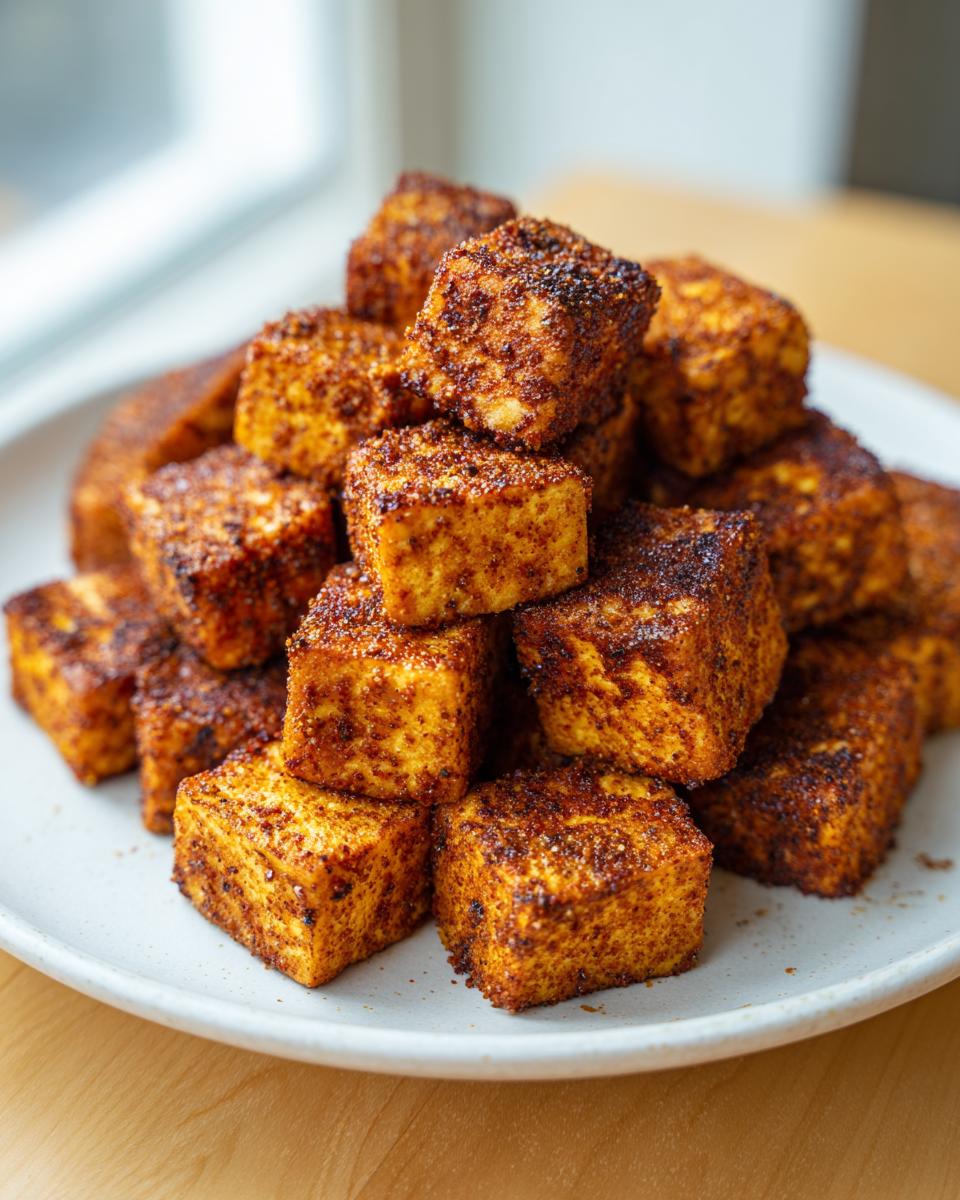 A pile of perfectly seasoned and crispy air fryer tofu cubes without cornstarch stacked on a white plate.